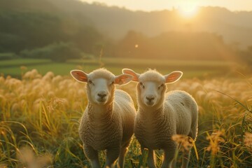 Sheep organic farm, An image of sheep in a meadow during the summer at sunset, Agriculture animal