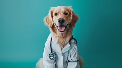 photo of smiling cute dog wearing a lab coat with stethoscope sitting on the blue color background - obrazy, fototapety, plakaty