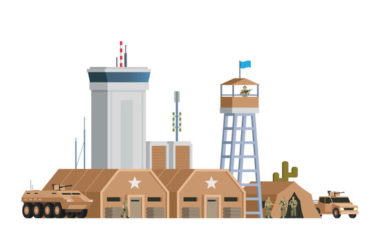 Vector military base building and vehicle or infographic elements military base buildings for city illustration