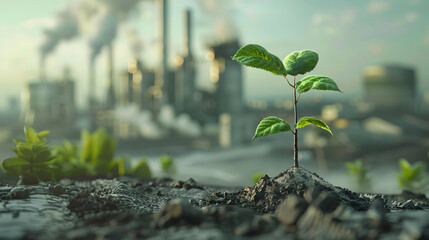 Growing plants in various environments There is a factory industry that emits pollution in the background. - obrazy, fototapety, plakaty