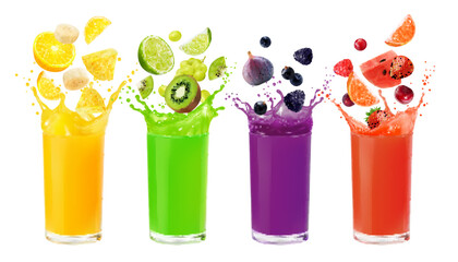 Fruit juice glasses with splashes of fruits and berries mix, realistic vector. Orange, strawberry, raspberry and cherry, kiwi, grapes and banana, fruits and berries falling in glass cup with splash