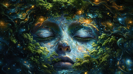 A surreal cosmic dreamscape blending elements of a lush forest with face features - obrazy, fototapety, plakaty