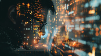 Business concept. Double exposure Software engineer working code and city background. Manager review big data