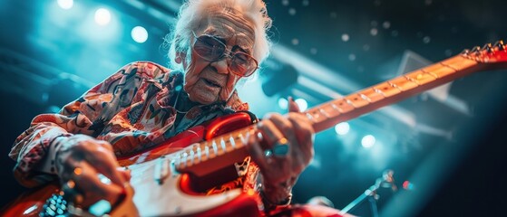 Ageless rock star Grandmother with electric guitar - obrazy, fototapety, plakaty