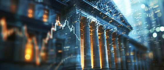 Bank model detail, with comprehensive stock market chart background. - obrazy, fototapety, plakaty