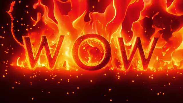 Text wow with fire flames burning. Wow on fire on dark black background. Animated Comic Text Speech. Icon Lettering of Wow. 4k video power