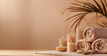 Cosmetic accessories for spa treatments on a beige background. Light atmosphere, candles, massage stones, essential oils and sea salt. The concept of beauty and health care. 