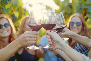 Blurred image of friends toasting wine in a vineyard in the daytime outdoors. Happy friends having fun outdoors. Young people enjoying harvest time together outdoors in countryside in a vineyard. ai