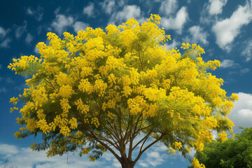 Tree with vibrant yellow mimosa flowers stands out in field