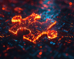 Fototapeta premium Floating puzzle piece on digital network