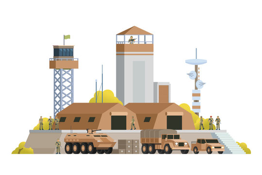 military base scene with soldiers and vehicles clip art preview