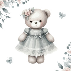 Cute watercolor plush doll teddy bear girl. Happy birthday card.