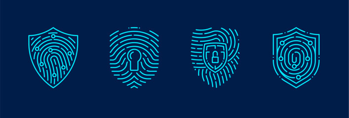 Fingerprint shield icon for secure lock technology and biometric access authorization, vector symbols. Fingerprint biometric identification and identity verification of ID for personal data protection