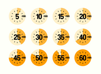 Classic Timer Icons Set of Orange Color, Modern Vector Flat Design, From 5 to 60 Minutes Clock Collection. Perfect for Game, Web and Packaging Design
