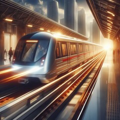 Illustration of a futuristic train in an urban environment