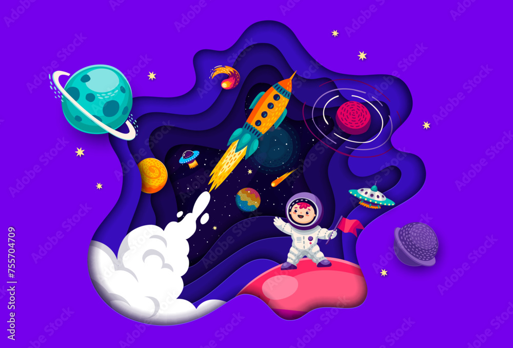 Poster cartoon galaxy space paper cut banner with rocket launch and kid astronaut, vector background. outer