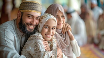 A joyful family gathering in their best attire, embracing each other after the Eid prayer, celebrating Eid al Fitr