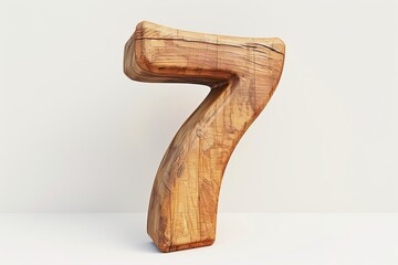 Cute wooden number 7 or seven as wooden shape, white background, 3D illusion, storybook style