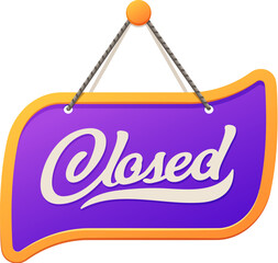 Closed sign for shop or store door, notice signboard hanging on pin, vector banner. Purple lilac sign with Closed information text for shop opening hours signboard background in frame