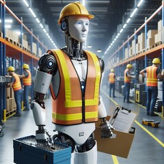 Illustration of humanoid with reflective vest in the workplace
