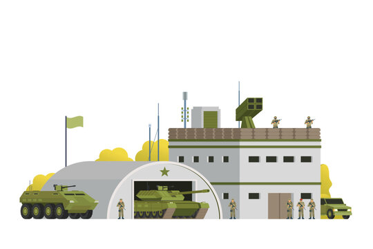 Vector military base building and vehicle or infographic elements military base buildings for city illustration
