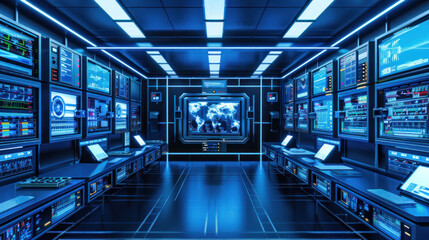Obraz premium Sophisticated control room interface with glowing screens and high-tech equipment