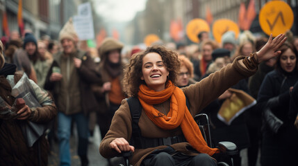 Disabled Woman In Wheelchair Is Supporting a Collective Protest Demonstration In City Centre - obrazy, fototapety, plakaty