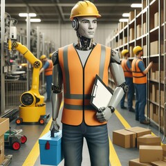 Illustration of humanoid with reflective vest in the workplace