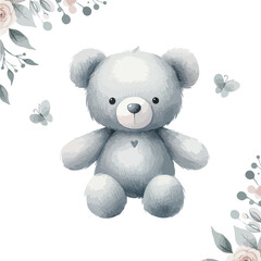 Cute watercolor plush toy teddy bear. Happy birthday card.