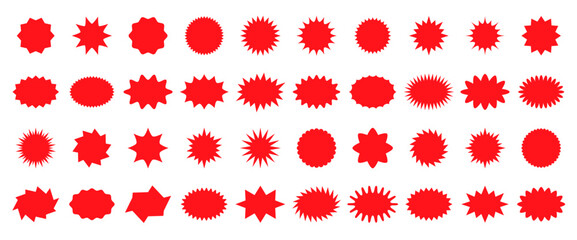 Red starburst sale price seals, callout stickers and splash labels, vector star rosette badges. Promotion sale and shop offer labels, sunburst stamps and tag silhouettes for price discount and promo