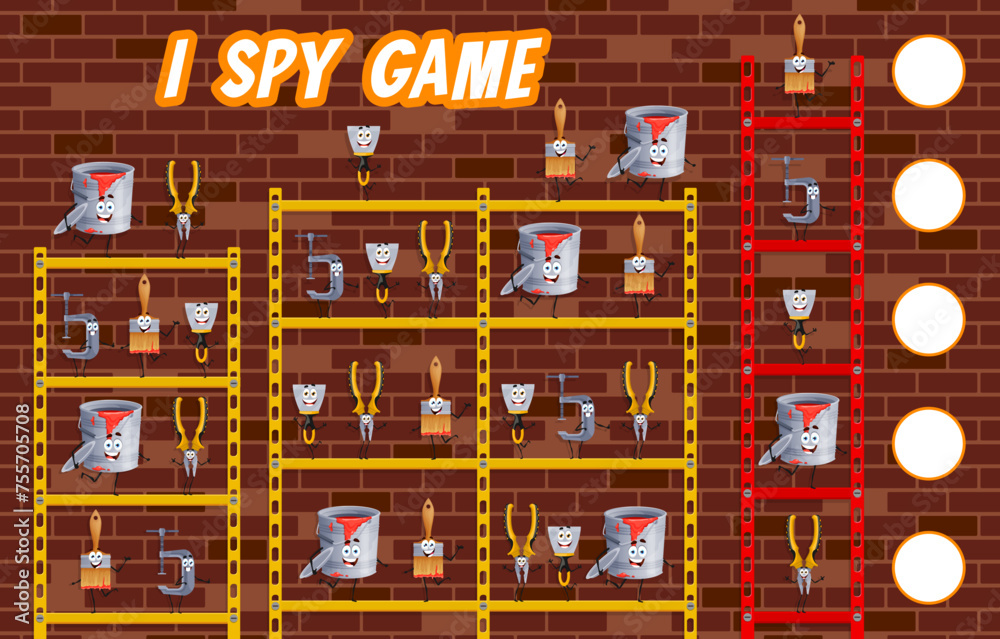 Poster i spy game worksheet with cartoon diy and repair tools characters, vector puzzle quiz. kids game to 