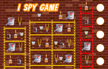 I spy game worksheet with cartoon DIY and repair tools characters, vector puzzle quiz. Kids game to find and match same funny tools of carpentry vise, woodworking pliers and paintbrush with bucket