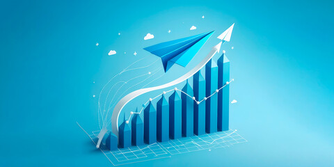 Obraz premium Growth graph isolated on blue background with blue paper plane, a banner with space for text