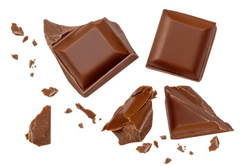 Chocolate broken into pieces in the air isolated on a white background. Milk dark  chocolate explosion, pieces shattering on white background close up.