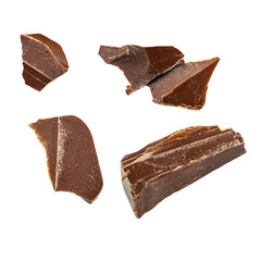 Flying Dark chocolate pieces isolated on white background. Broken chocolate chunks  Top view. Flat lay.