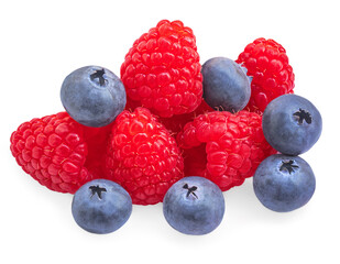 .Isolated mixed berries. Fresh Blueberries and Raspberry on white background. Big Pile of Fresh Berries close up.