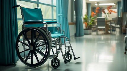 Fototapeta na wymiar Wheelchair in Modern Hospital Corridor