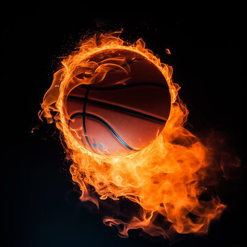Burning basketball on fire with flame tail on black background, sport motion and action photography for wallpaper , poster or logo