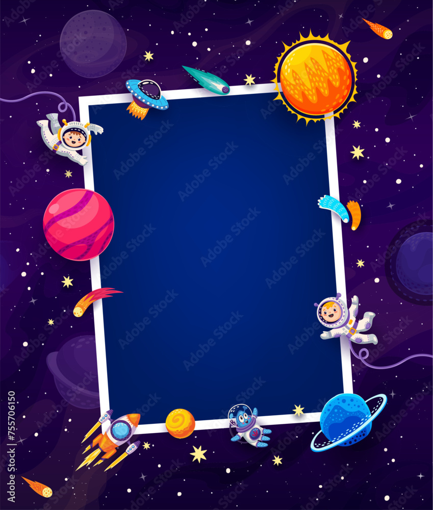 Poster birthday photo frame with kid astronauts in galaxy space and alien ufo, cartoon vector background. p