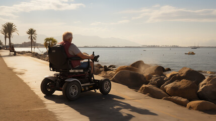 An Old Man In A Wheelchair Is Riding Along The Embankment And Enjoying The Sea View 