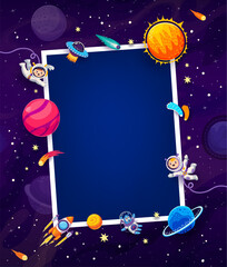 Birthday photo frame with kid astronauts in galaxy space and alien UFO, cartoon vector background. Photo frame border with kid spaceman, rocket spaceship on Saturn planet and asteroids in starry sky