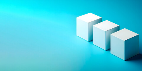 3d render of three white cubes isolated on blue background, a banner with space for text