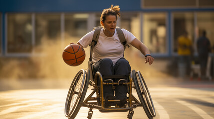 A Disabled Woman Is Playing Basketball On The Court While Riding Around In Her Wheelchair