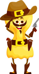 Cartoon Italian pasta cowboy with revolver gun in sheriff sombrero, vector character. Farfalle pasta as Western bandit robber or Wild West ranger cowboy in boots with bandoleer, funny pasta personage