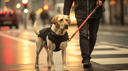 A Blind Man During His City Walk With A Service Dog
