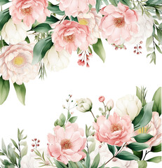 Watercolor floral border. Light pink flowers. Elegant Wedding invitation, frame, bouquet. Perfect for stationary, greeting card, fashion. Isolated cutout on transparent background.