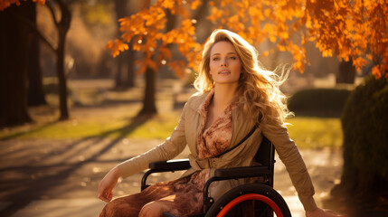 A Handicap Woman In A Wheelchair Is Admiring An Autumn Forest