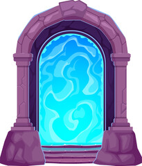 Game cartoon magic portal door or fantasy gate. Magic dimension blue portal or stone arch door with stone columns and steps, fantastic world entrance or fantasy game planet gate isolated vector asset - 755706768
