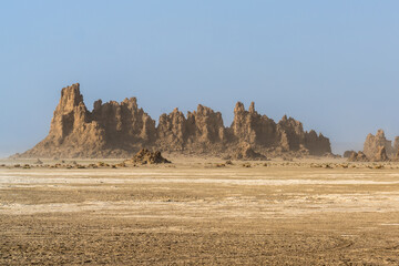 Djibouti, view at the lake Abbe with its rock formations