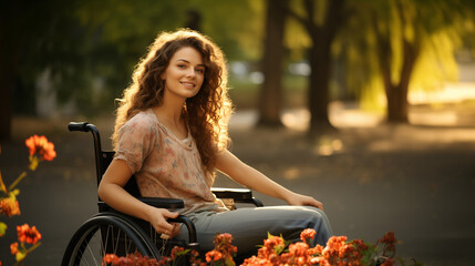 A Happy Woman In A Wheelchair Is Enjoying A Sunny Day In The Spring Forest 